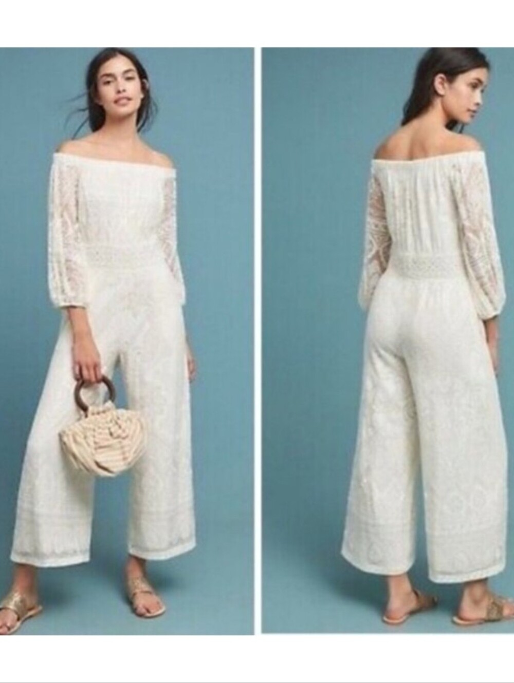 Anthropologie Farm Rio Elliot lace off white off the shoulder lined jumpsuit M